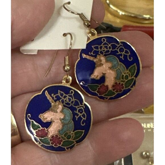 Vintage Genuine Cloisonne Blue Enamel Dangle Unicorn Earrings‎ - Picture 3 of 3